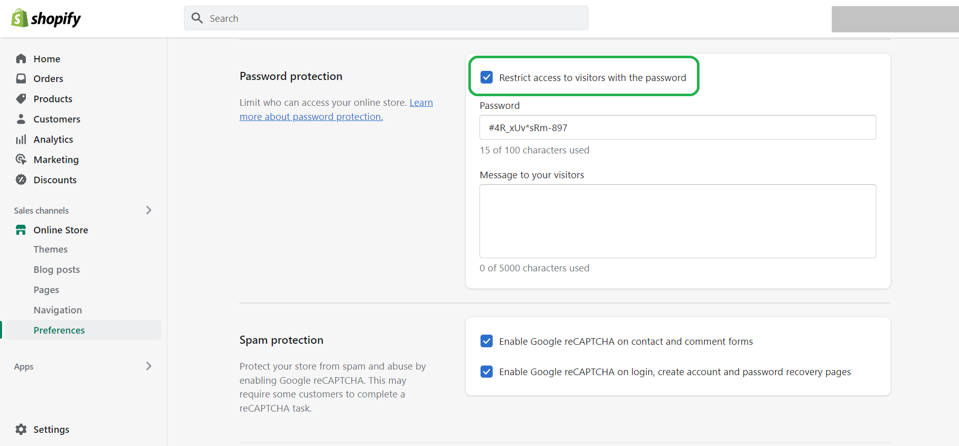 Shopify Dashboard Password Protection Setting