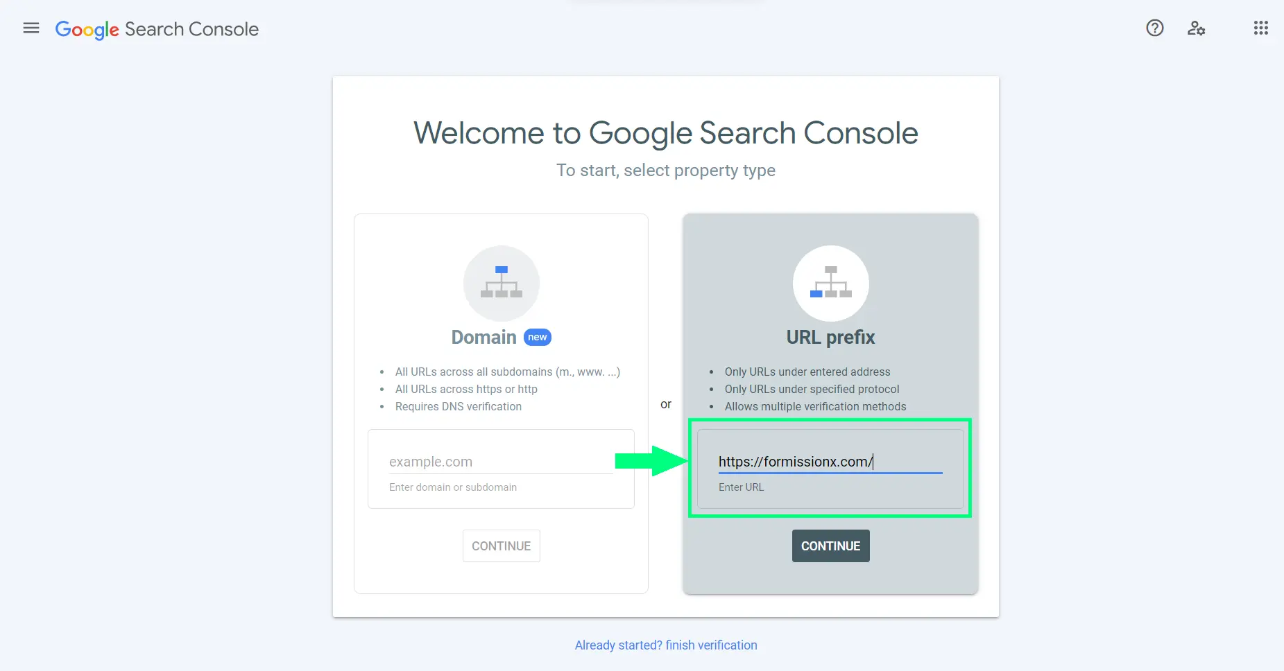 Creating a Google Search Console property