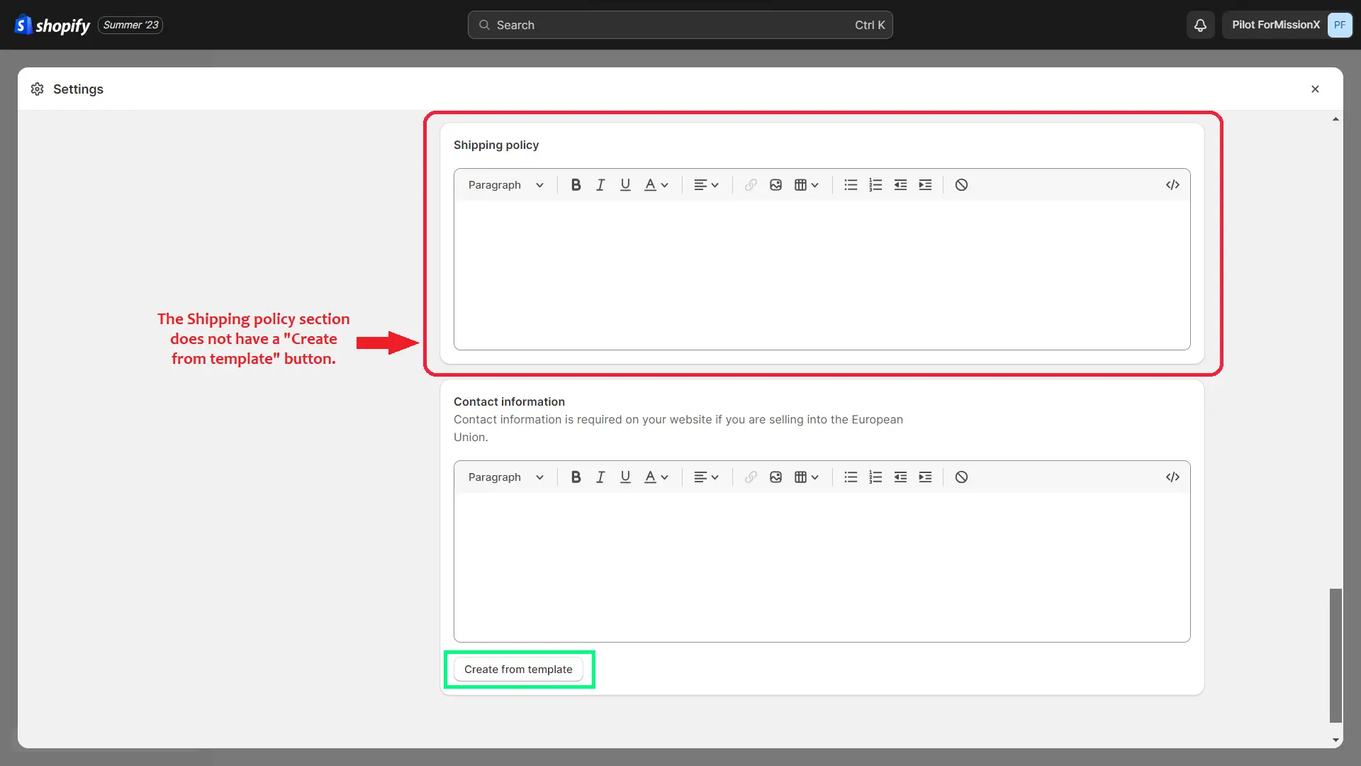 Shipping policy section doesn't have a "Create from template" option.