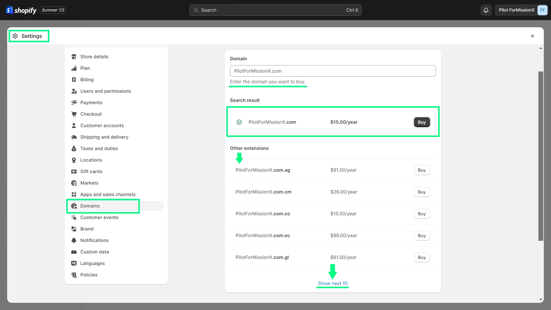 Shopify domain example