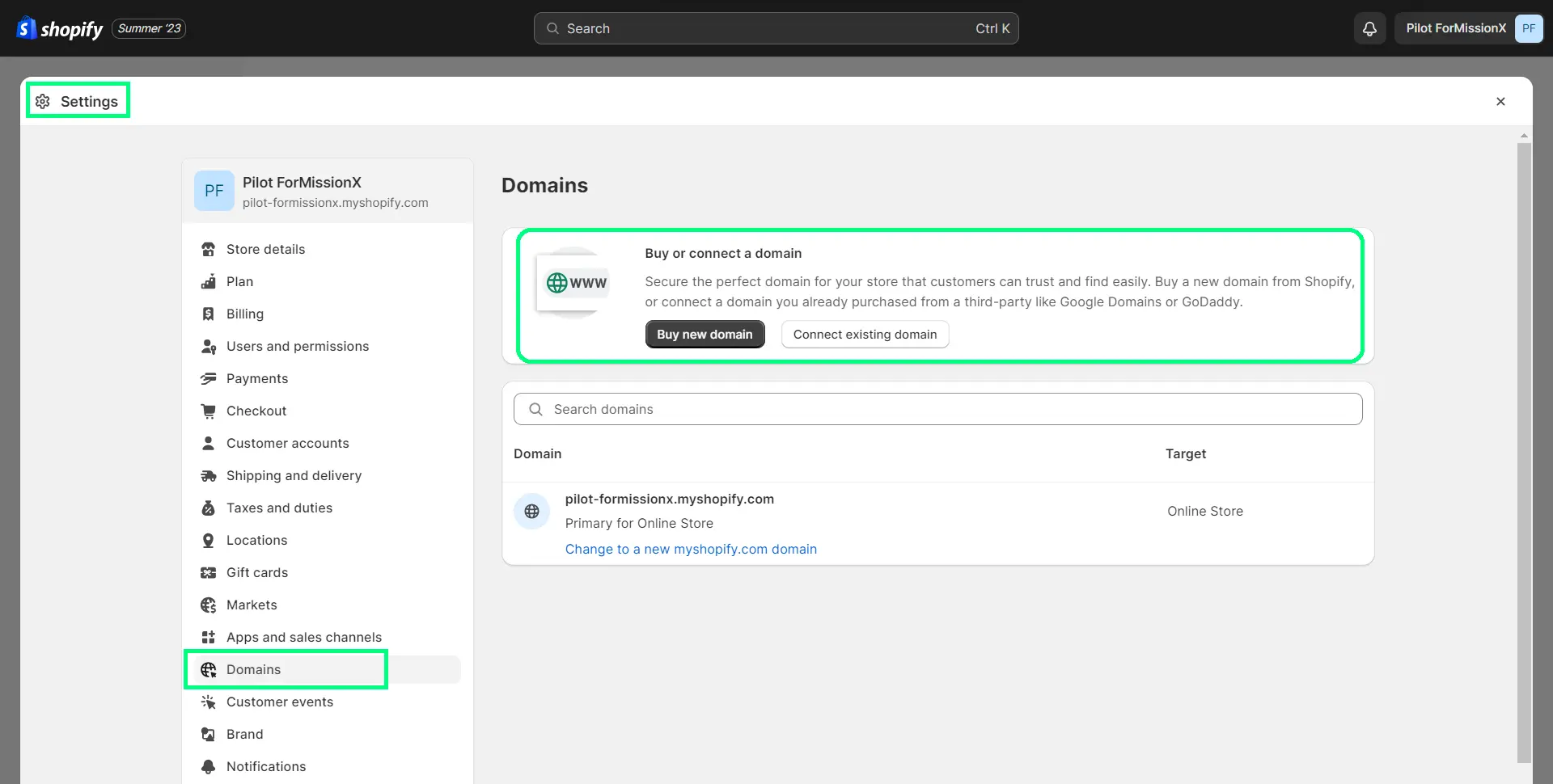 Shopify domain setting