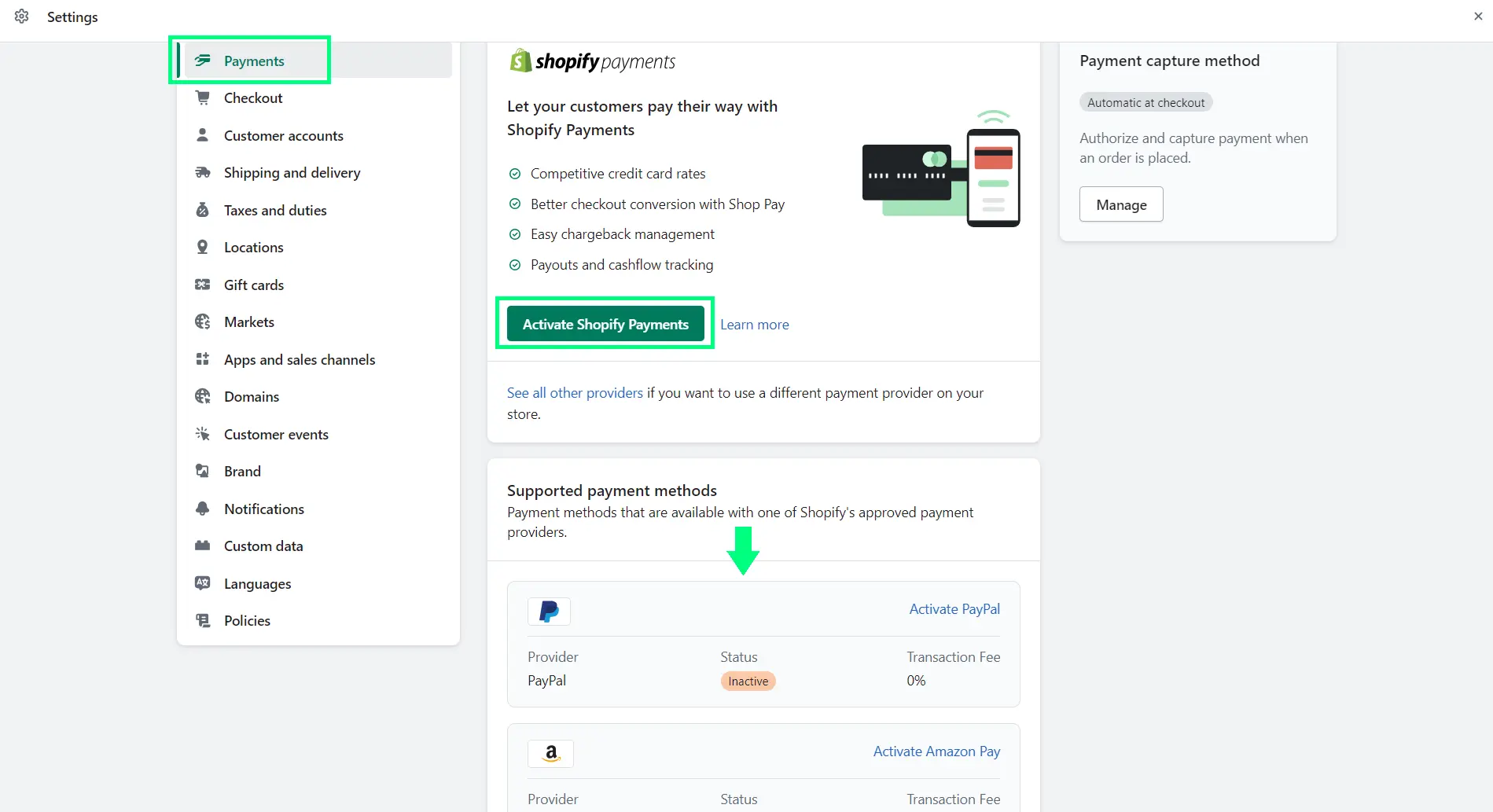 Shopify Settings for Payments