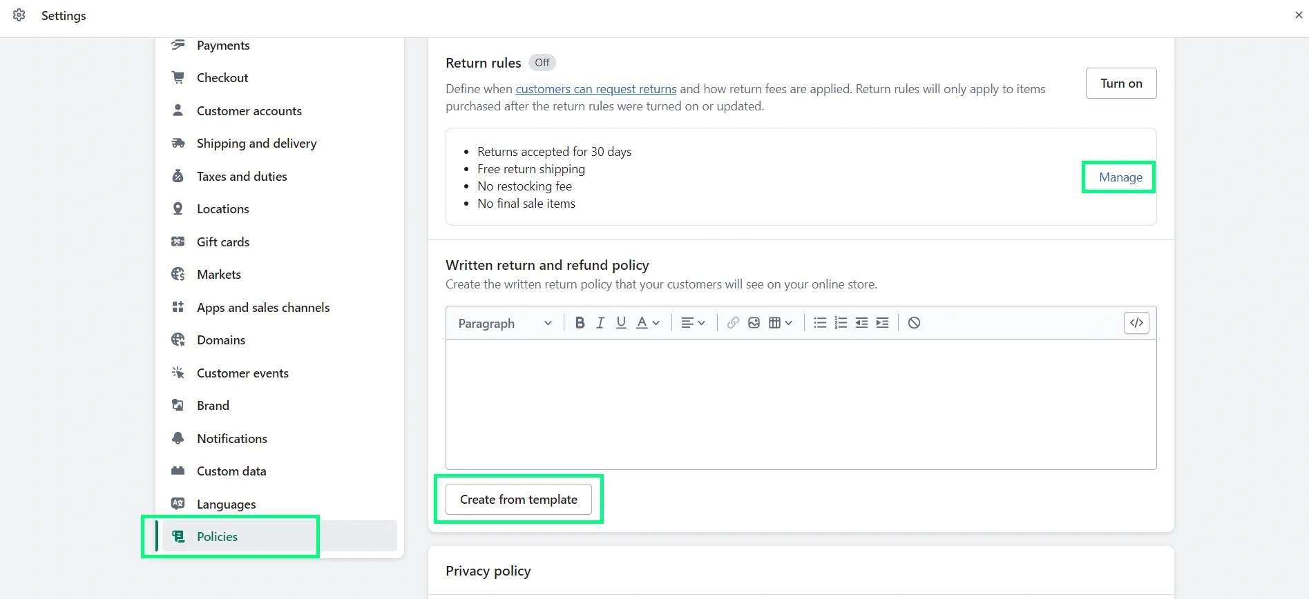 Shopify Settings for Policies