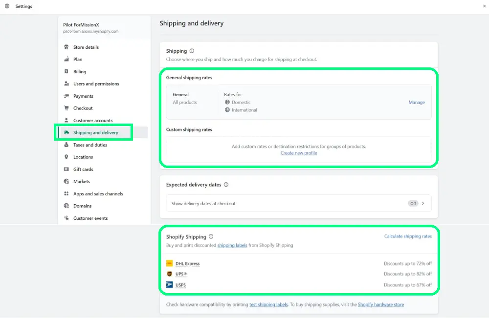 Shopify Settings for Shipping and delivery