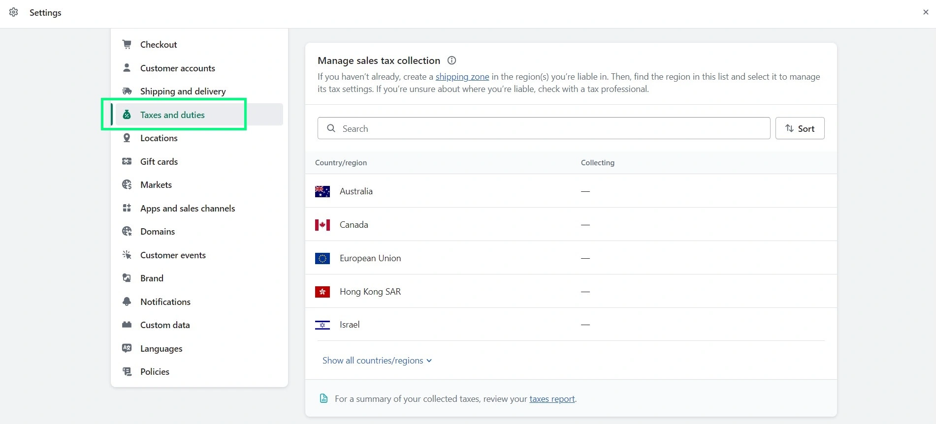 Shopify Settings for Taxes and Duties