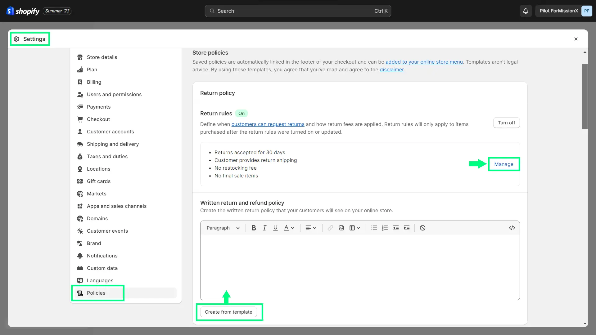 Shopify settings for the store policies